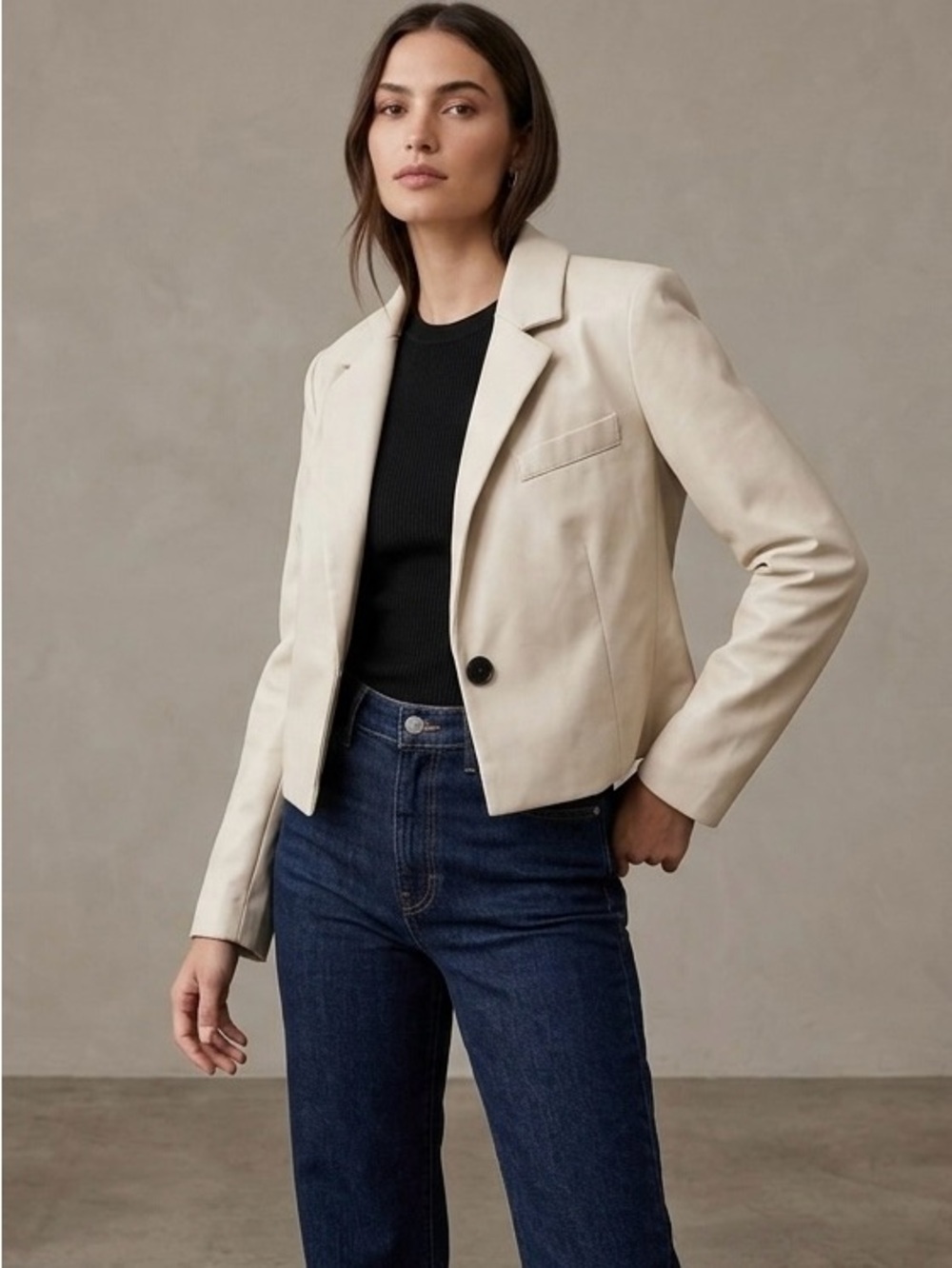 Avec Les Filles Cream Cropped Blazer